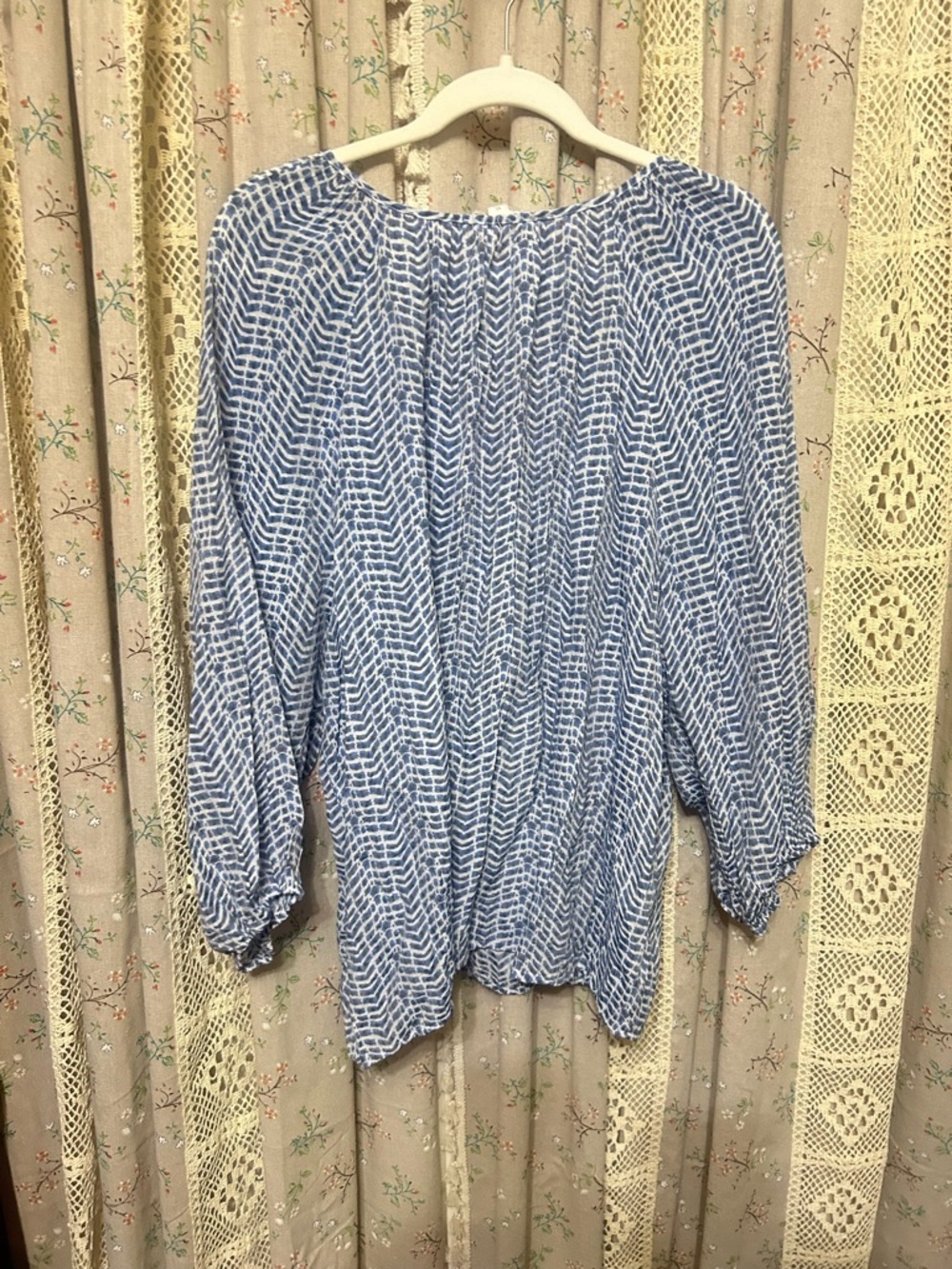 2/$28 Blue White Boho Peasant Blouse Tassel Tie Gauzy Coastal Top XL - Picture 4 of 5